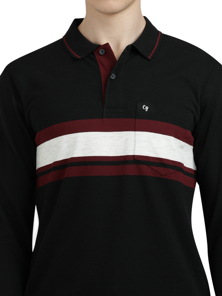 Model wearing Clarke Gable's Black With Maroon Striped Polo Collar T-Shirt in a casual setting