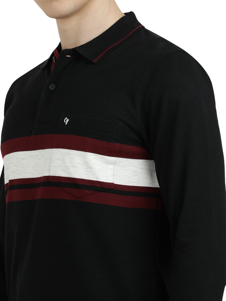 Model wearing Clarke Gable's Black With Maroon Striped Polo Collar T-Shirt in a casual setting