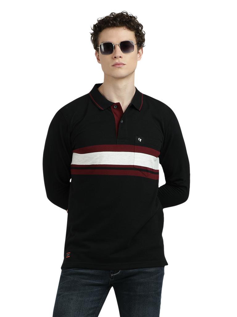 Model wearing Clarke Gable's Black With Maroon Striped Polo Collar T-Shirt in a casual setting