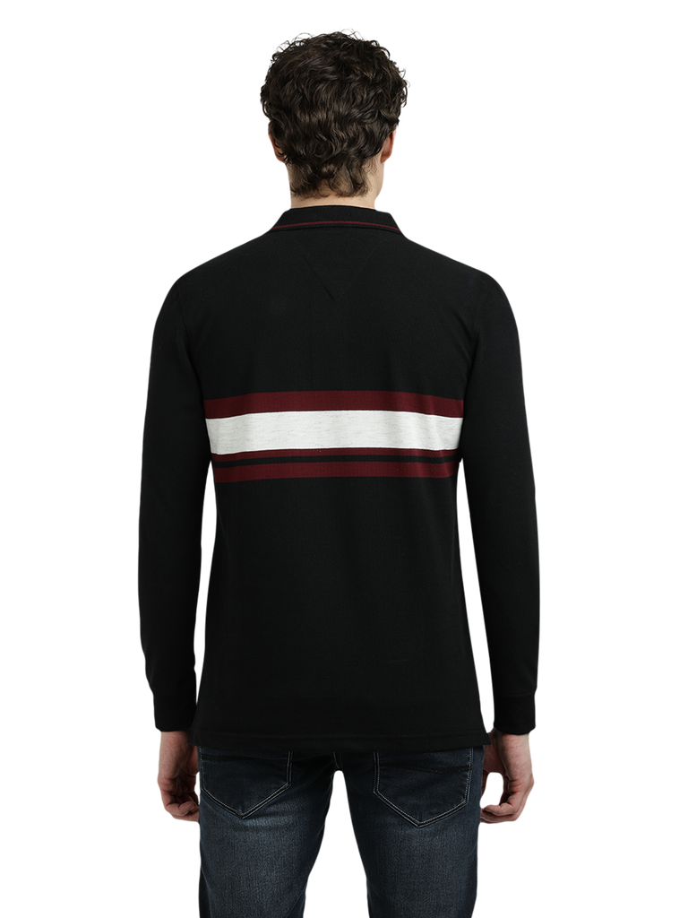 Model wearing Clarke Gable's Black With Maroon Striped Polo Collar T-Shirt in a casual setting