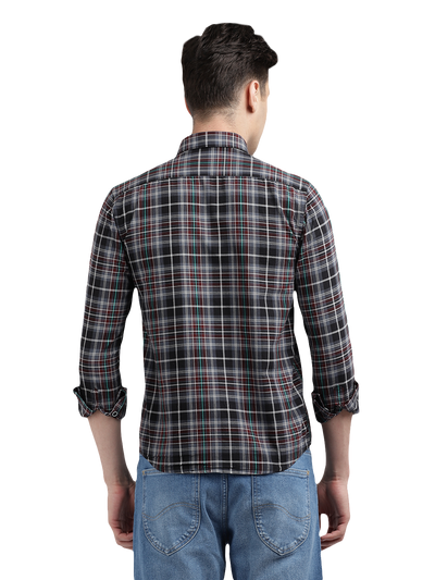 Model wearing Clarke Gable's Black With Red Checked Casual Shirt in a casual setting