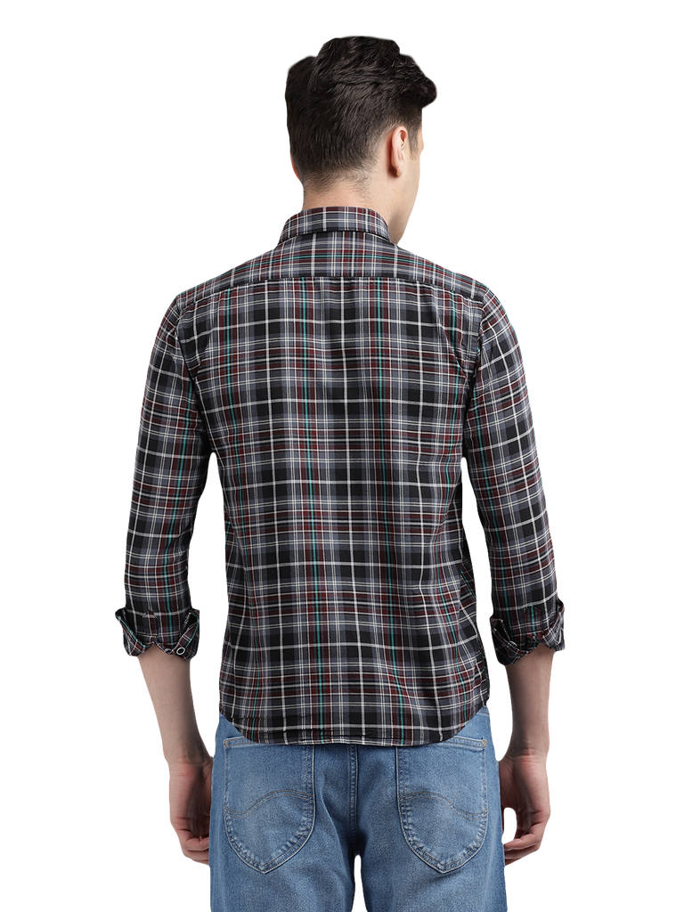 Model wearing Clarke Gable's Black With Red Checked Casual Shirt in a casual setting