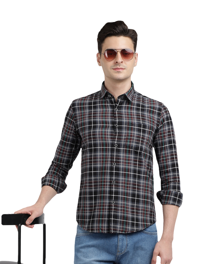 Model wearing Clarke Gable's Black With Red Checked Casual Shirt in a casual setting