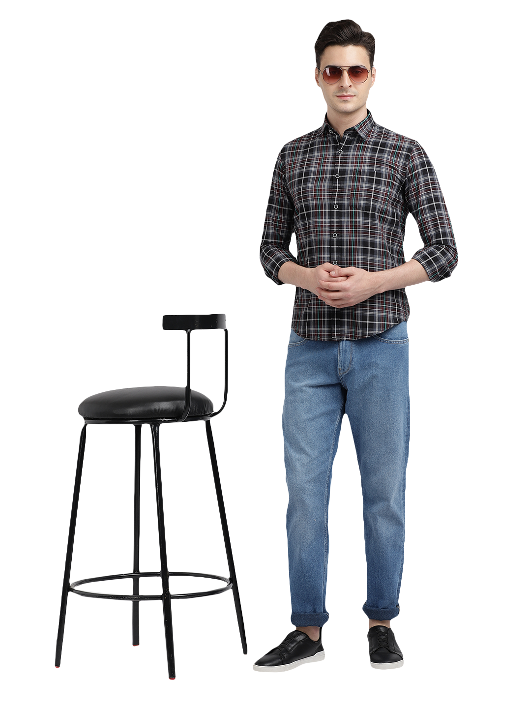 Model wearing Clarke Gable's Black With Red Checked Casual Shirt in a casual setting