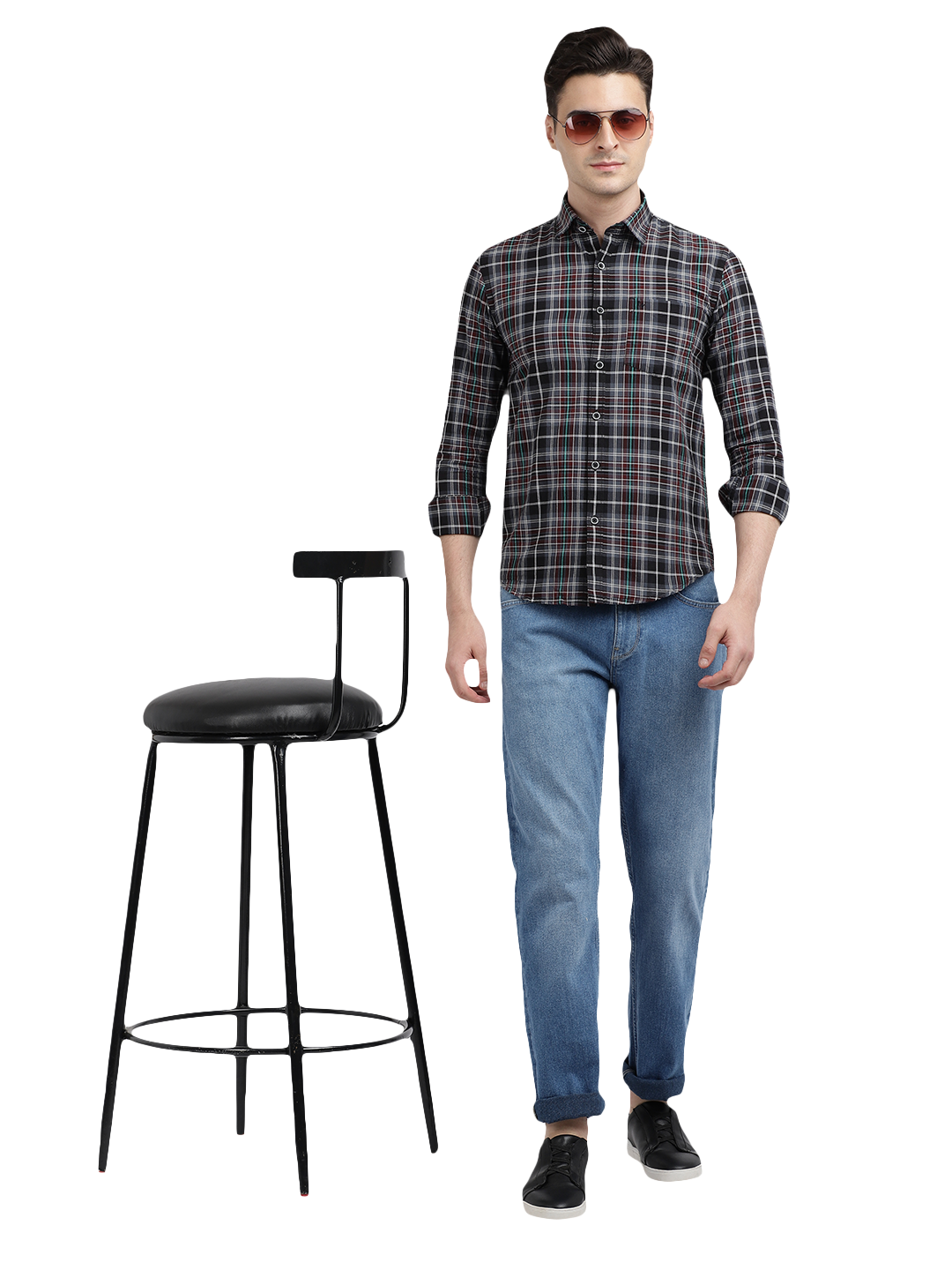 Model wearing Clarke Gable's Black With Red Checked Casual Shirt in a casual setting