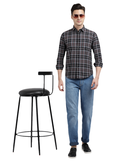Model wearing Clarke Gable's Black With Red Checked Casual Shirt in a casual setting