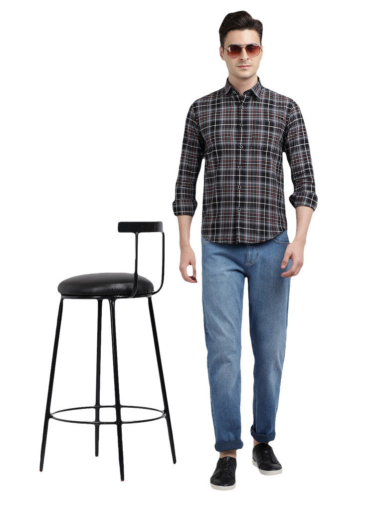 Model wearing Clarke Gable's Black With Red Checked Casual Shirt in a casual setting