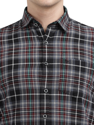 Model wearing Clarke Gable's Black With Red Checked Casual Shirt in a casual setting