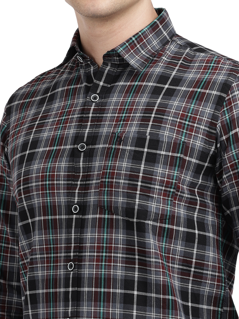 Model wearing Clarke Gable's Black With Red Checked Casual Shirt in a casual setting