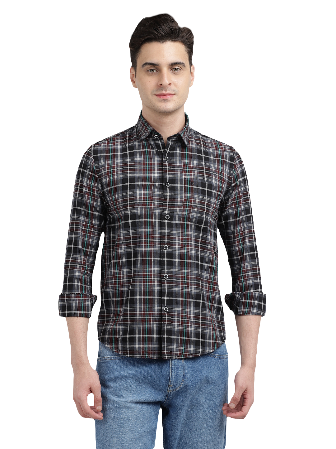 Model wearing Clarke Gable's Black With Red Checked Casual Shirt in a casual setting