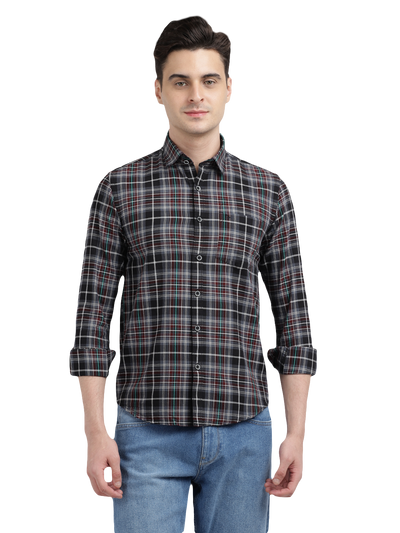 Model wearing Clarke Gable's Black With Red Checked Casual Shirt in a casual setting