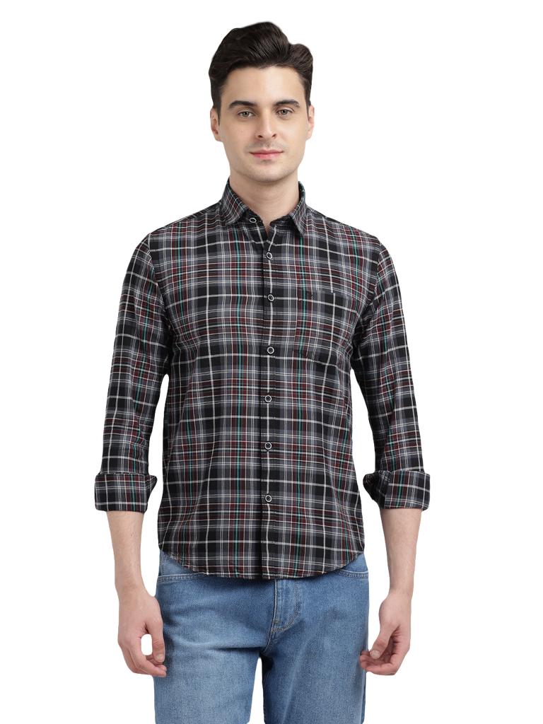 Model wearing Clarke Gable's Black With Red Checked Casual Shirt in a casual setting