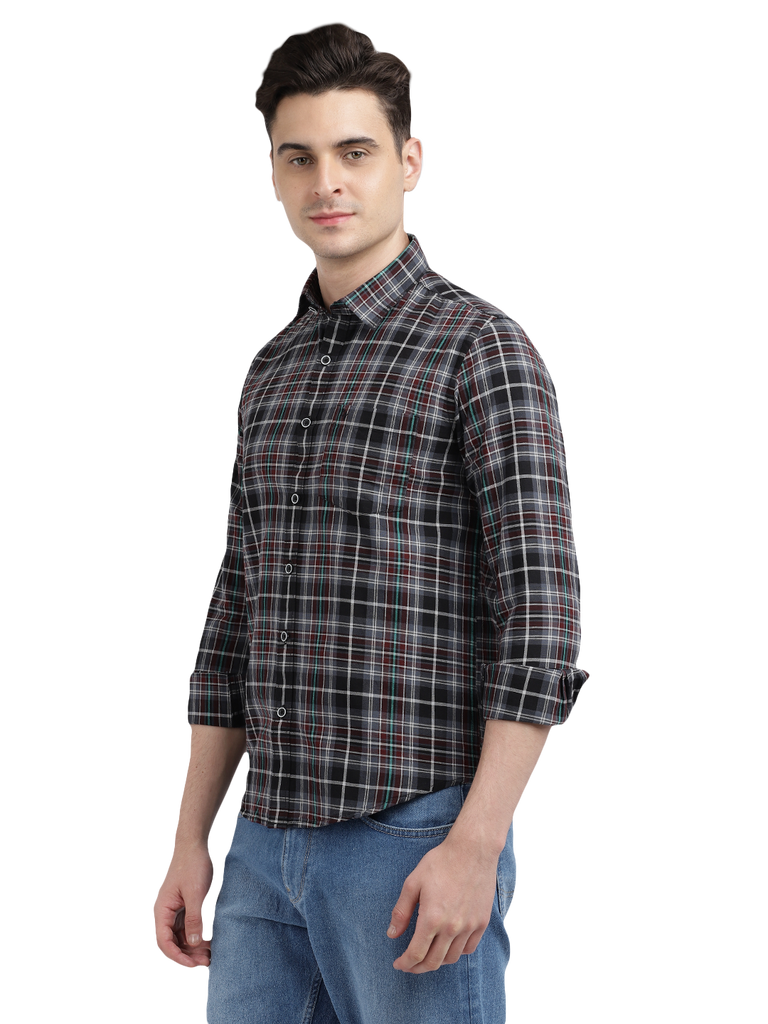 Model wearing Clarke Gable's Black With Red Checked Casual Shirt in a casual setting