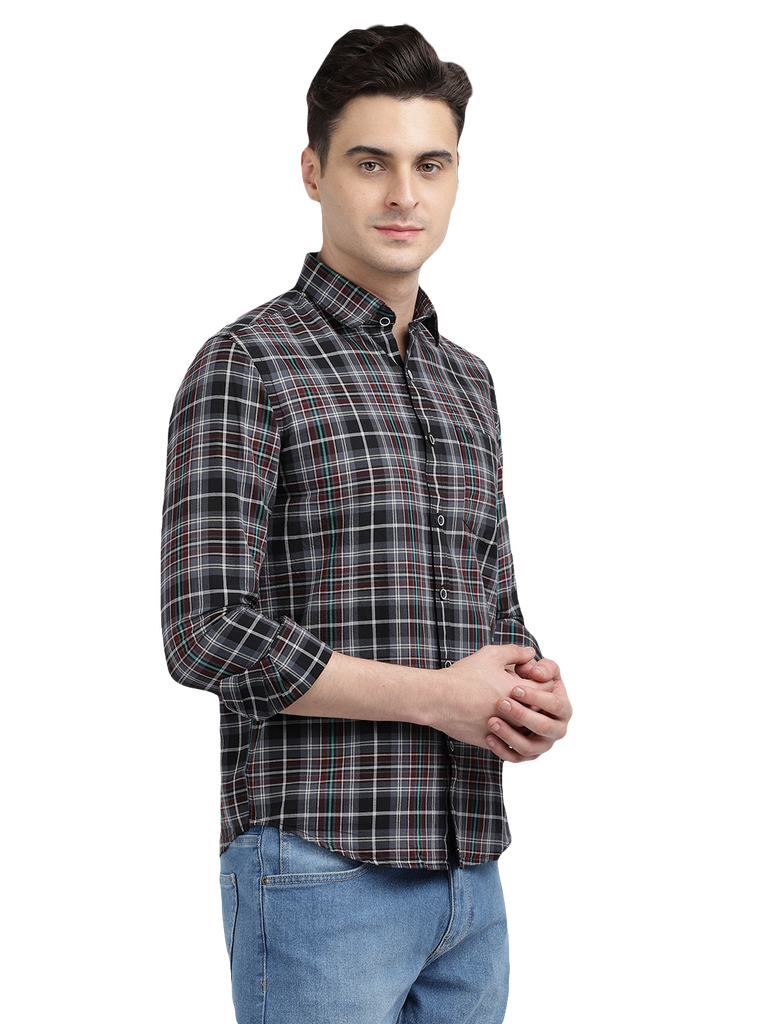 Model wearing Clarke Gable's Black With Red Checked Casual Shirt in a casual setting