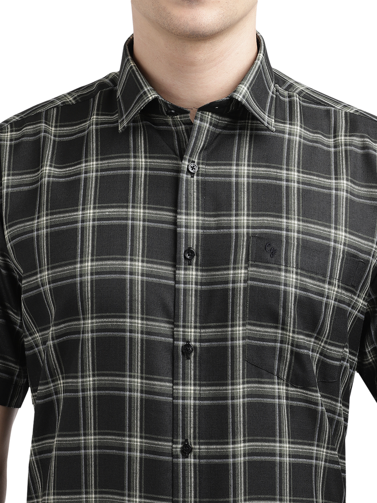 Model wearing Clarke Gable's Black With White Checked Casual Shirt in a casual setting