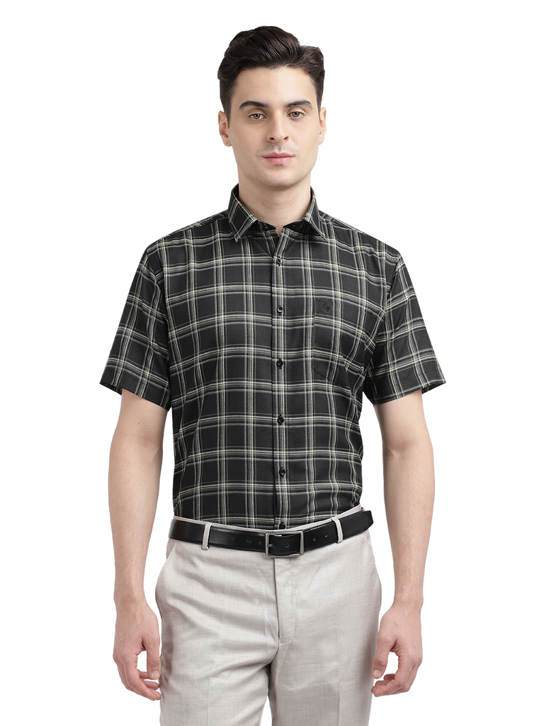 Model wearing Clarke Gable's Black With White Checked Casual Shirt in a casual setting