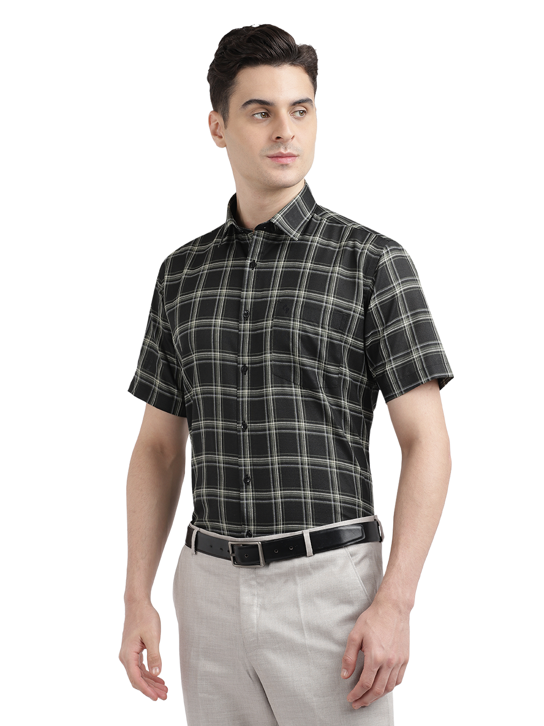 Model wearing Clarke Gable's Black With White Checked Casual Shirt in a casual setting