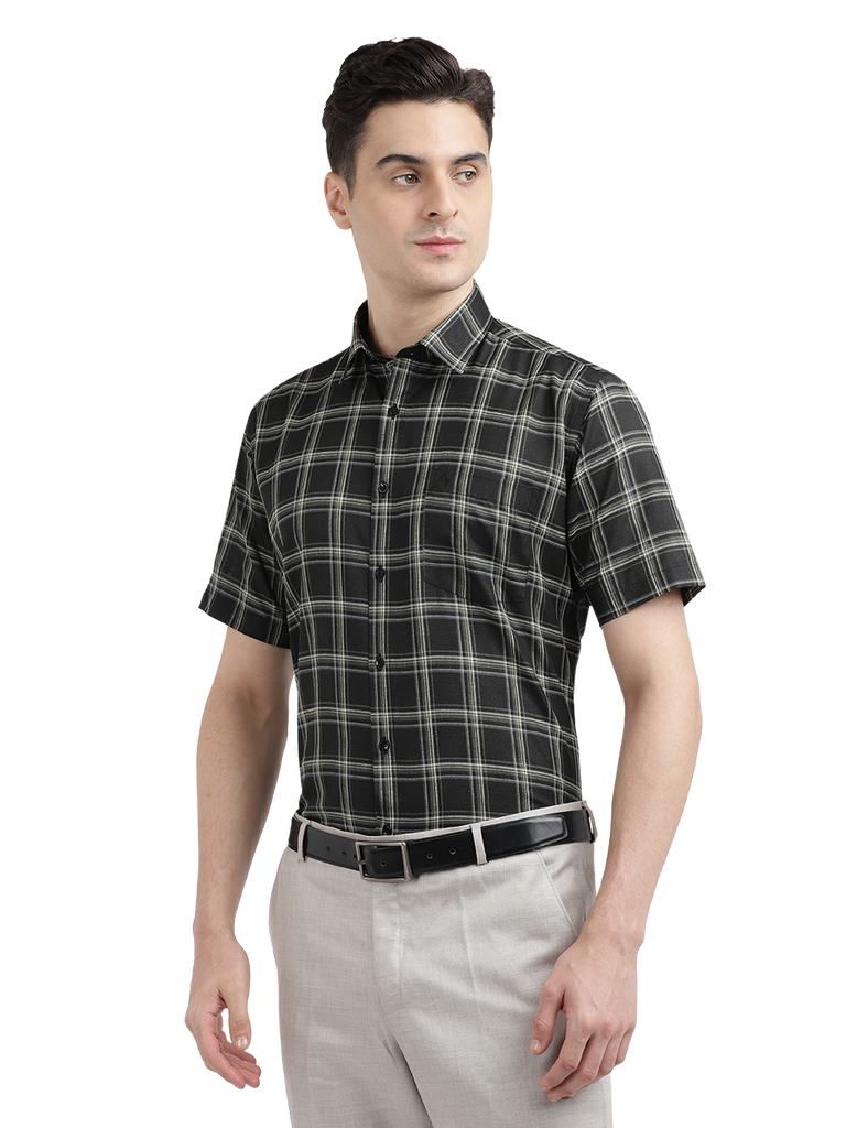 Model wearing Clarke Gable's Black With White Checked Casual Shirt in a casual setting