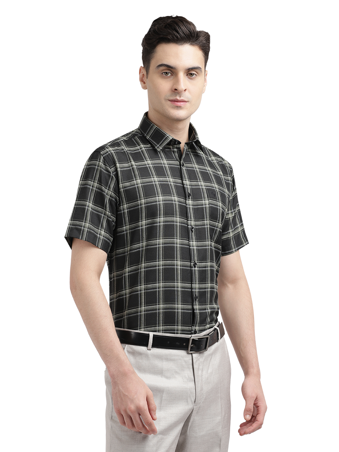 Model wearing Clarke Gable's Black With White Checked Casual Shirt in a casual setting