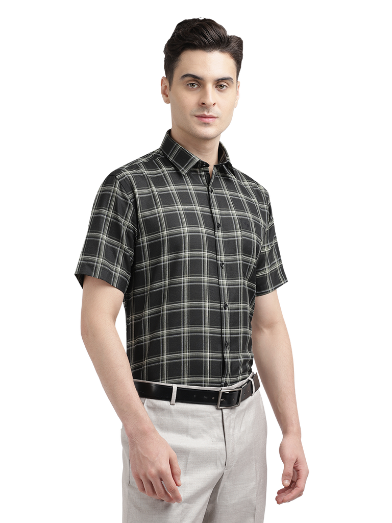 Model wearing Clarke Gable's Black With White Checked Casual Shirt in a casual setting