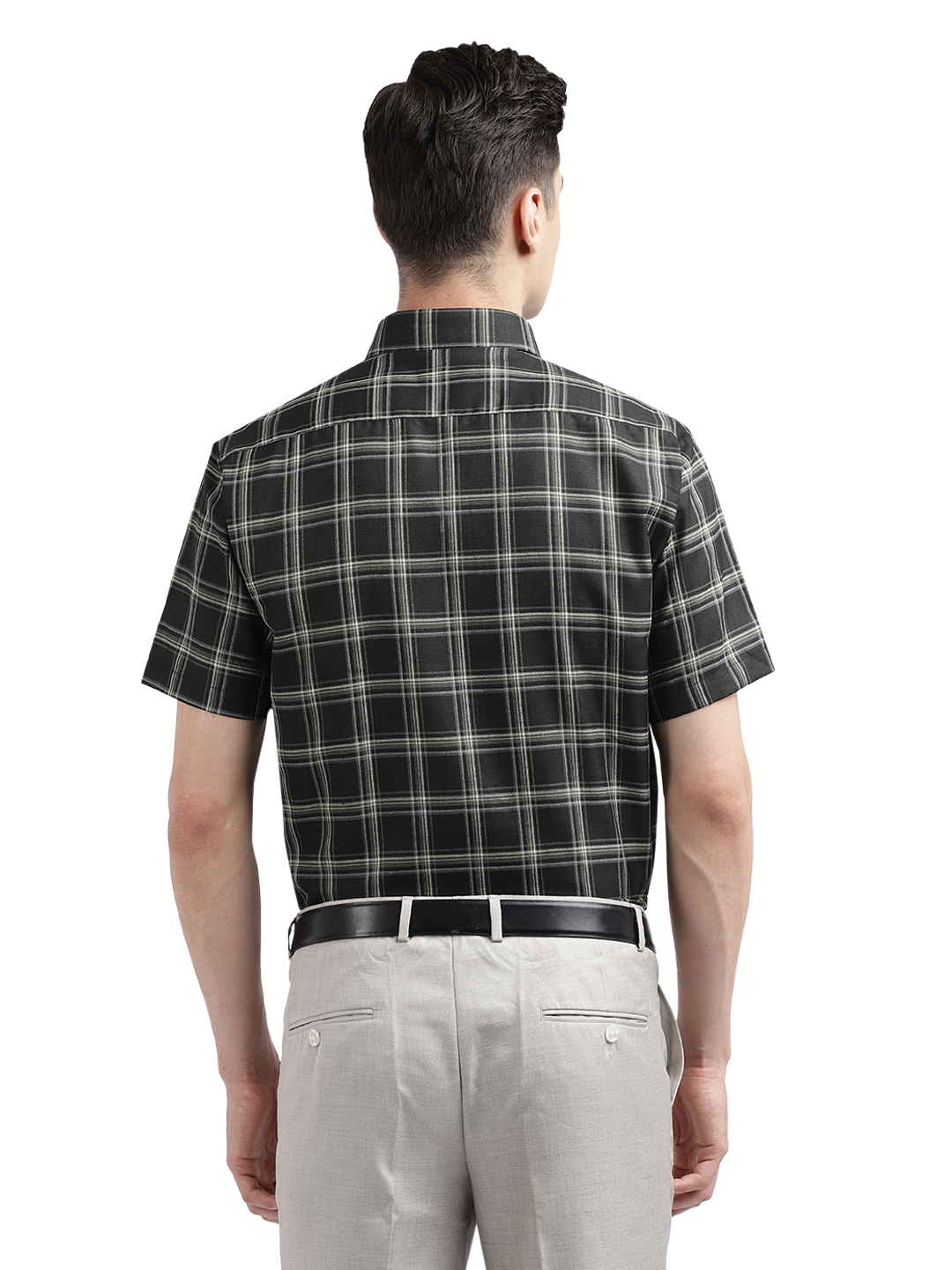 Model wearing Clarke Gable's Black With White Checked Casual Shirt in a casual setting