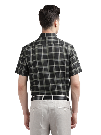 Model wearing Clarke Gable's Black With White Checked Casual Shirt in a casual setting