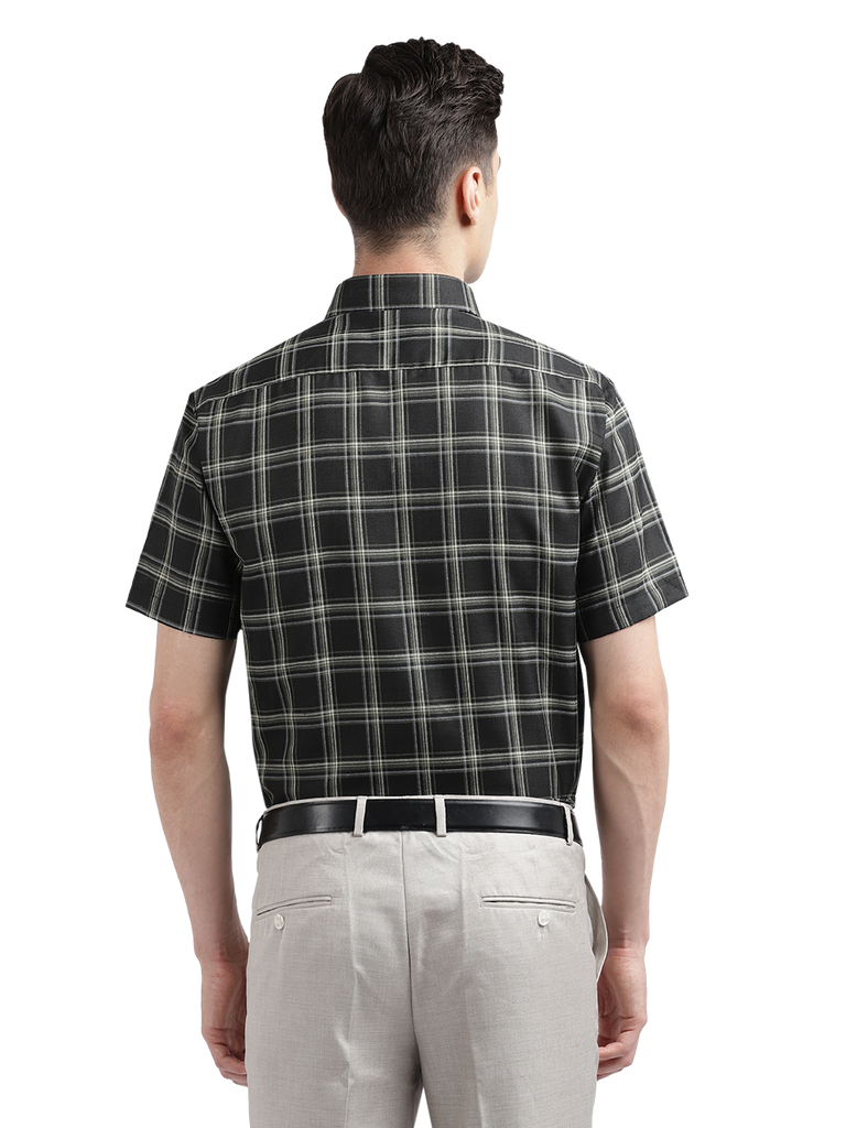 Model wearing Clarke Gable's Black With White Checked Casual Shirt in a casual setting