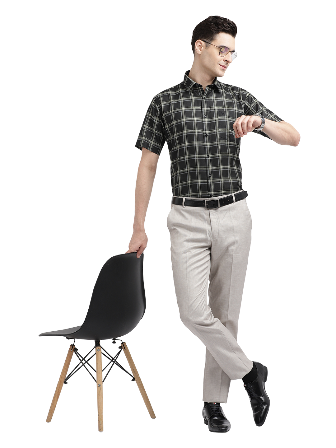 Model wearing Clarke Gable's Black With White Checked Casual Shirt in a casual setting