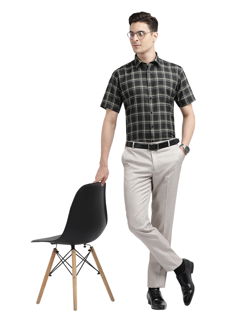 Model wearing Clarke Gable's Black With White Checked Casual Shirt in a casual setting