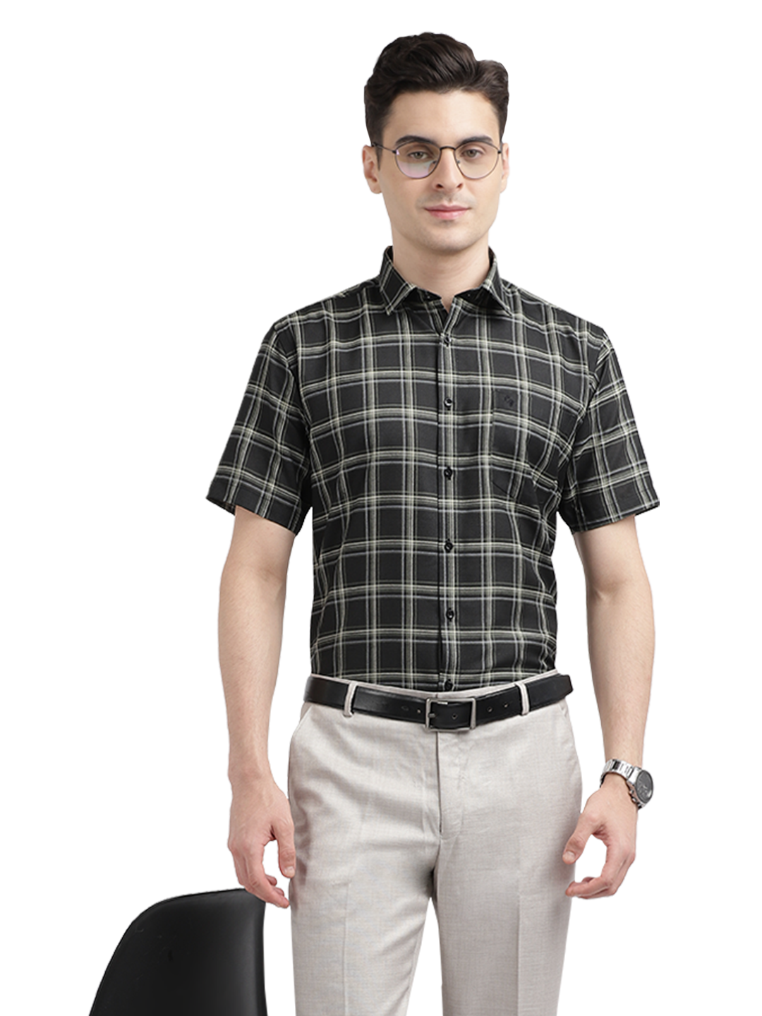 Model wearing Clarke Gable's Black With White Checked Casual Shirt in a casual setting