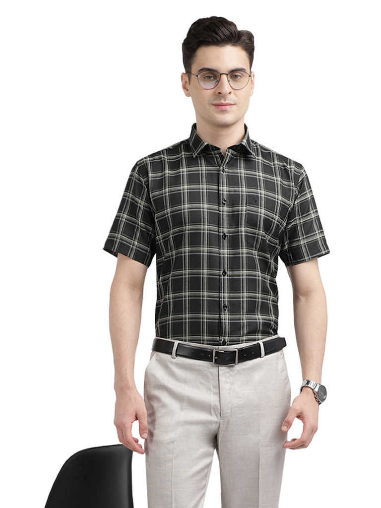 Model wearing Clarke Gable's Black With White Checked Casual Shirt in a casual setting