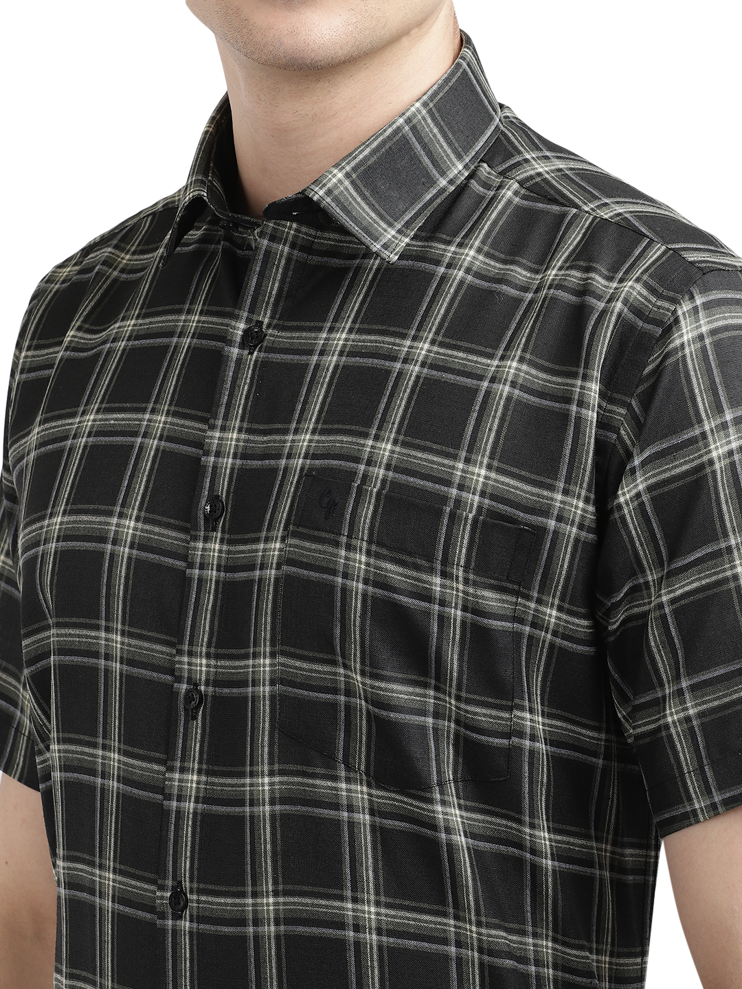 Model wearing Clarke Gable's Black With White Checked Casual Shirt in a casual setting