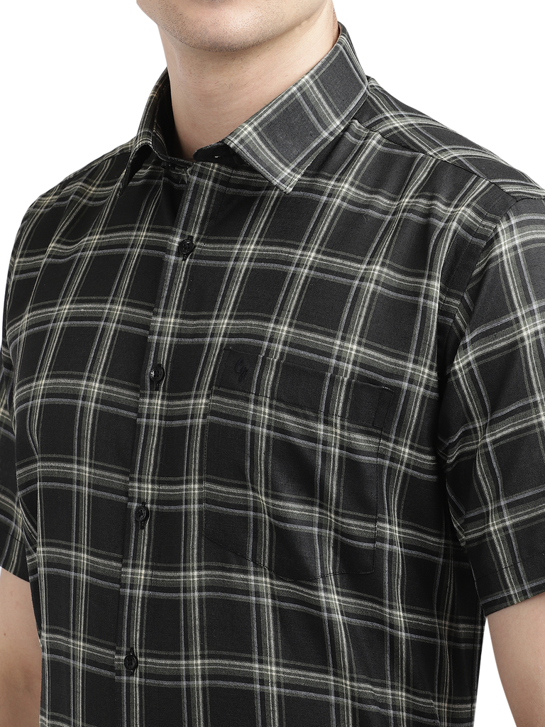 Model wearing Clarke Gable's Black With White Checked Casual Shirt in a casual setting