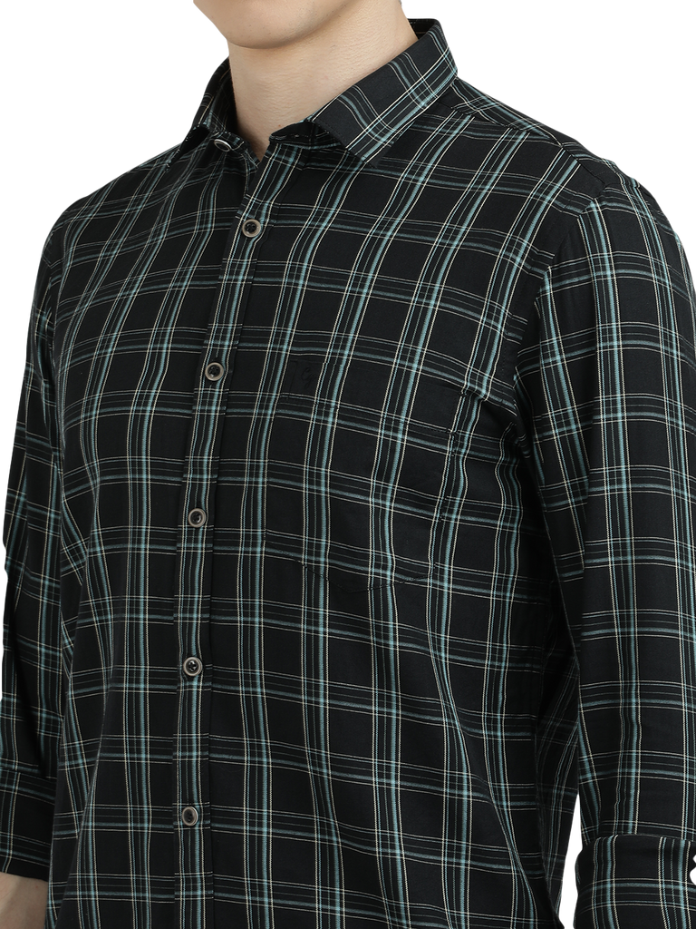 Model wearing Clarke Gable's Black With White Checked Semi Casual Shirt in a casual setting