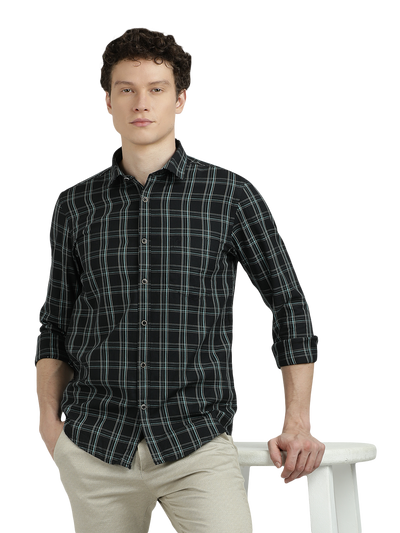 Model wearing Clarke Gable's Black With White Checked Semi Casual Shirt in a casual setting
