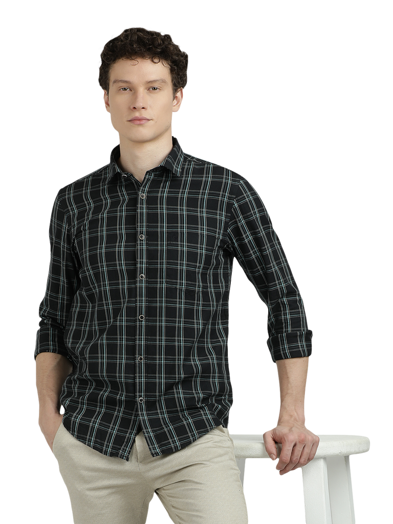 Model wearing Clarke Gable's Black With White Checked Semi Casual Shirt in a casual setting