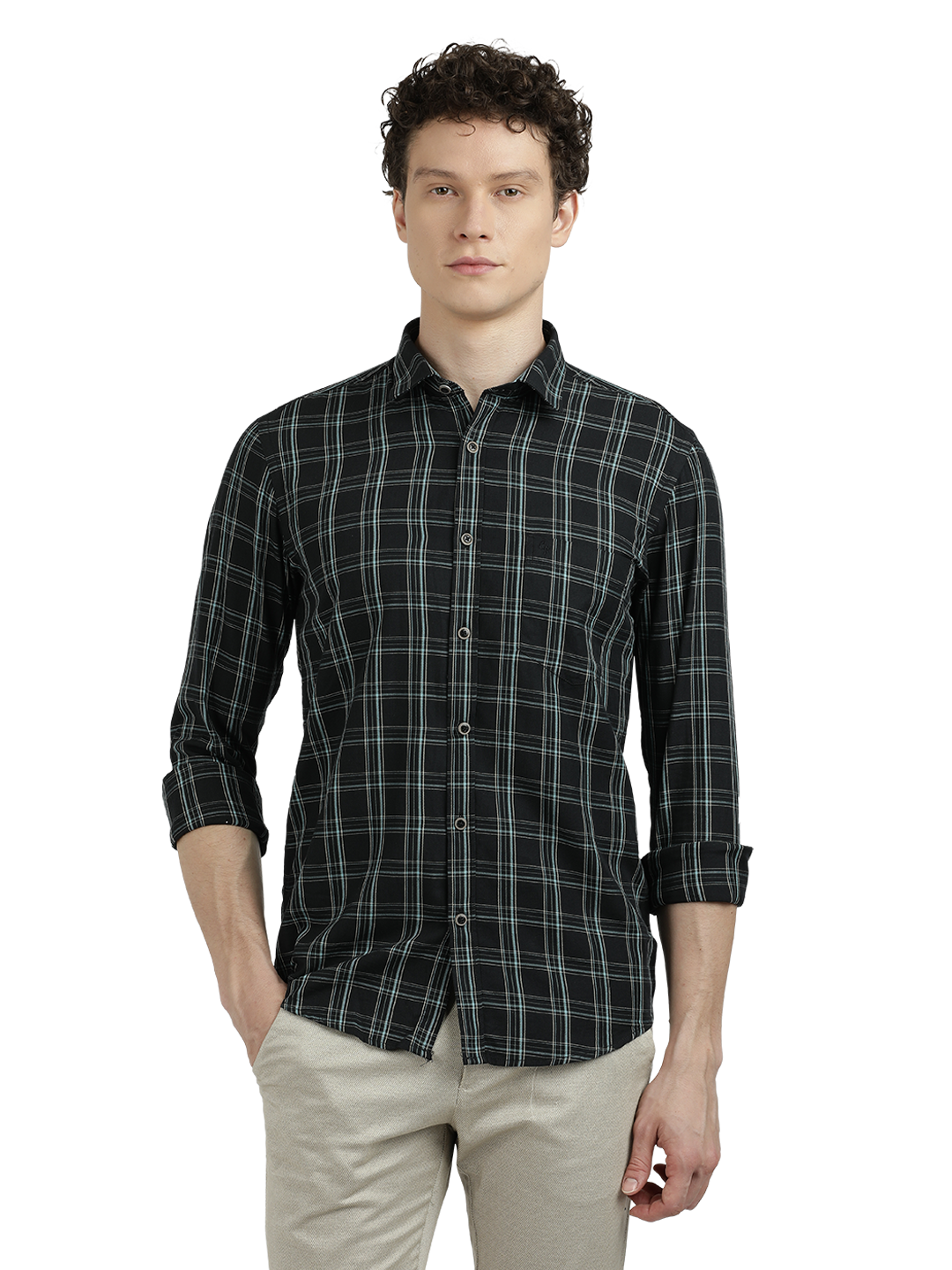 Model wearing Clarke Gable's Black With White Checked Semi Casual Shirt in a casual setting