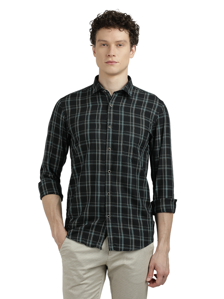 Model wearing Clarke Gable's Black With White Checked Semi Casual Shirt in a casual setting