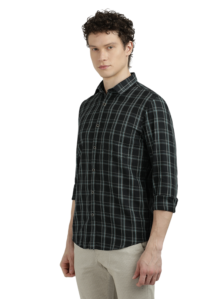 Model wearing Clarke Gable's Black With White Checked Semi Casual Shirt in a casual setting