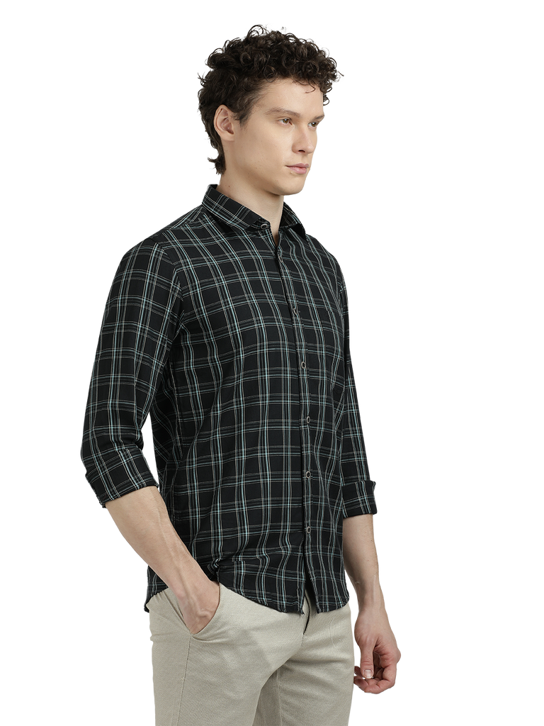 Model wearing Clarke Gable's Black With White Checked Semi Casual Shirt in a casual setting