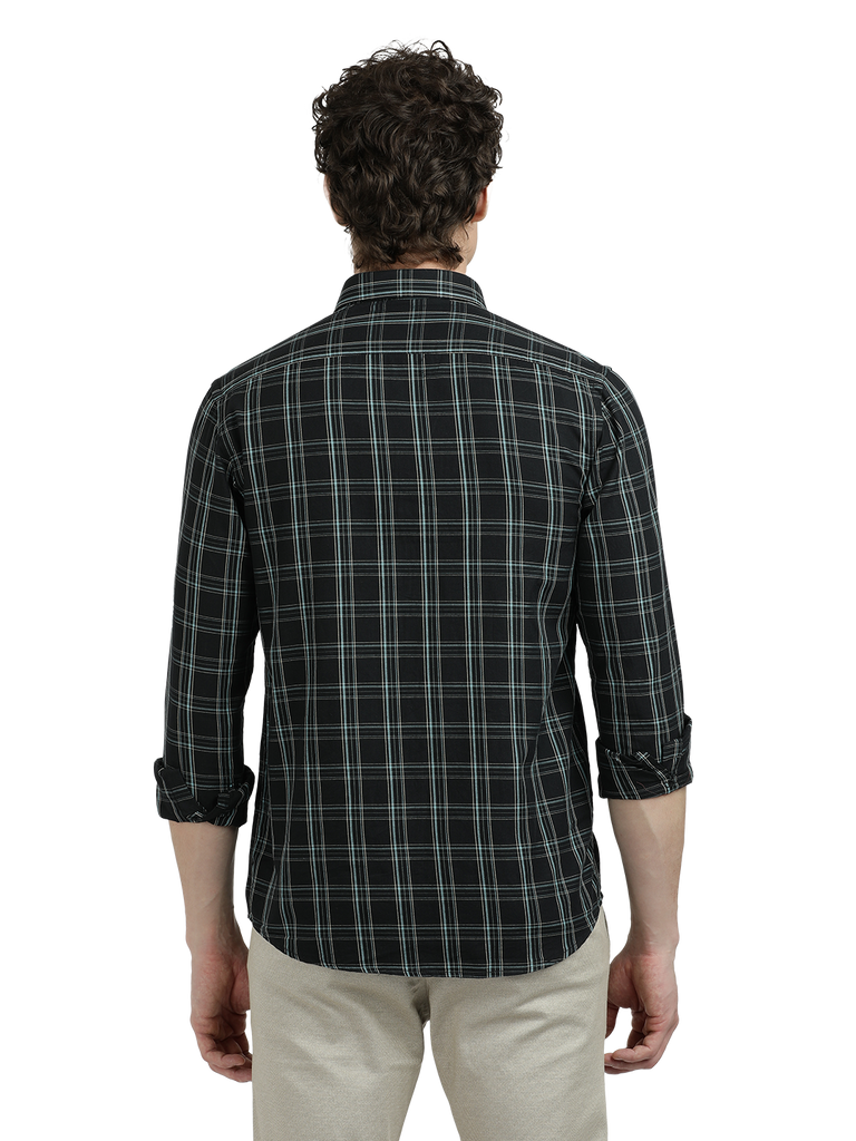 Model wearing Clarke Gable's Black With White Checked Semi Casual Shirt in a casual setting