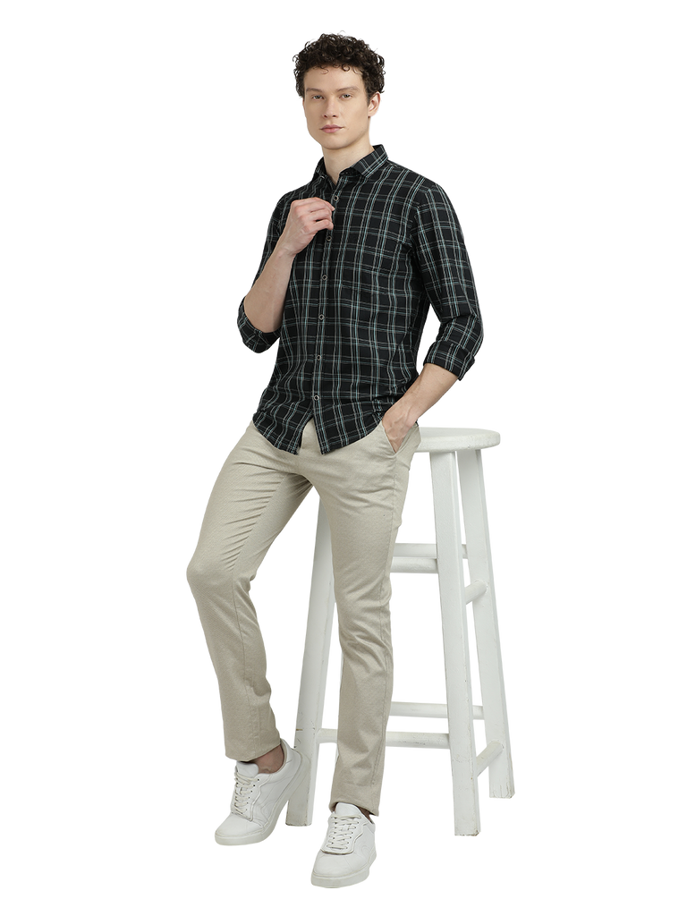 Model wearing Clarke Gable's Black With White Checked Semi Casual Shirt in a casual setting