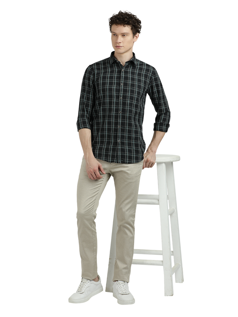 Model wearing Clarke Gable's Black With White Checked Semi Casual Shirt in a casual setting