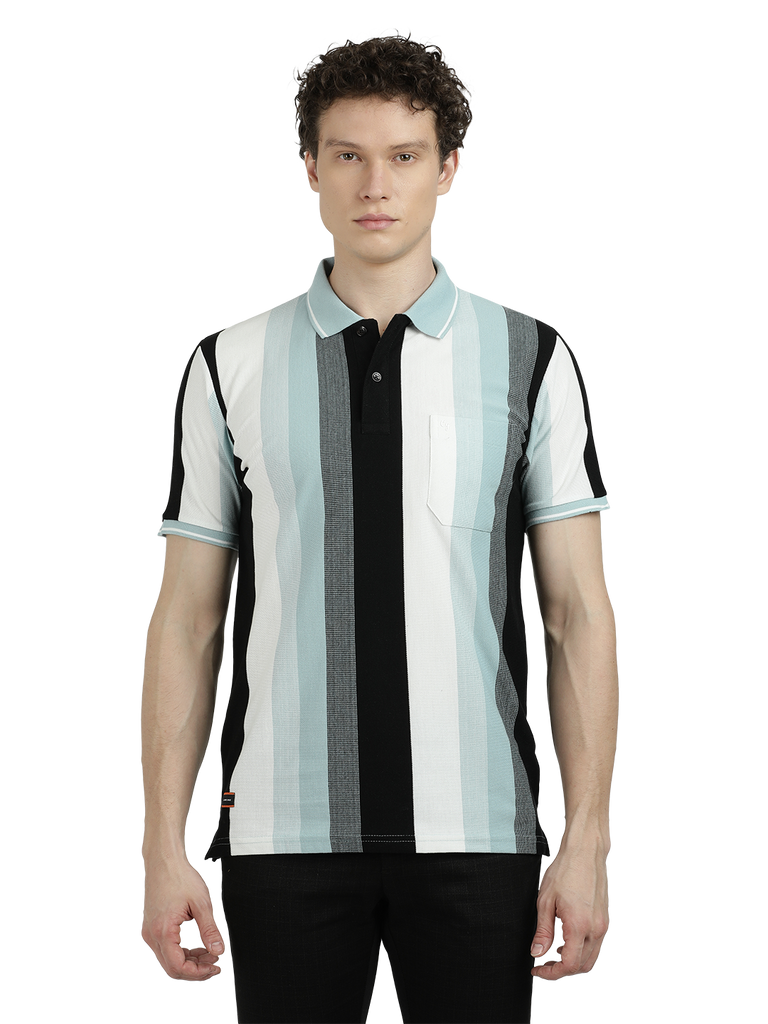 Model wearing Clarke Gable's Black With White Striped Polo Collar T-Shirt in a casual setting