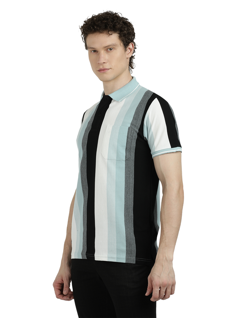 Model wearing Clarke Gable's Black With White Striped Polo Collar T-Shirt in a casual setting