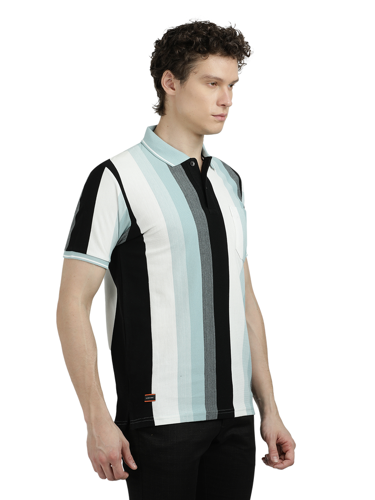 Model wearing Clarke Gable's Black With White Striped Polo Collar T-Shirt in a casual setting