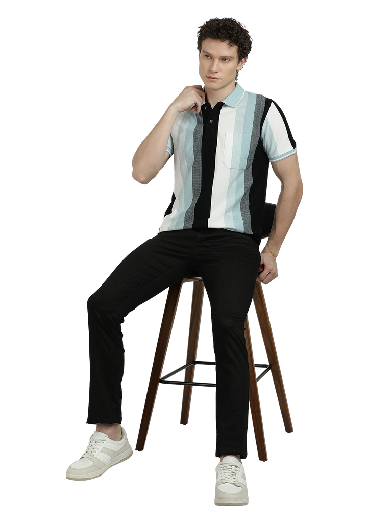 Model wearing Clarke Gable's Black With White Striped Polo Collar T-Shirt in a casual setting