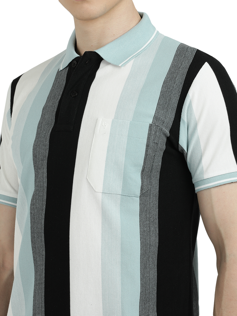 Model wearing Clarke Gable's Black With White Striped Polo Collar T-Shirt in a casual setting