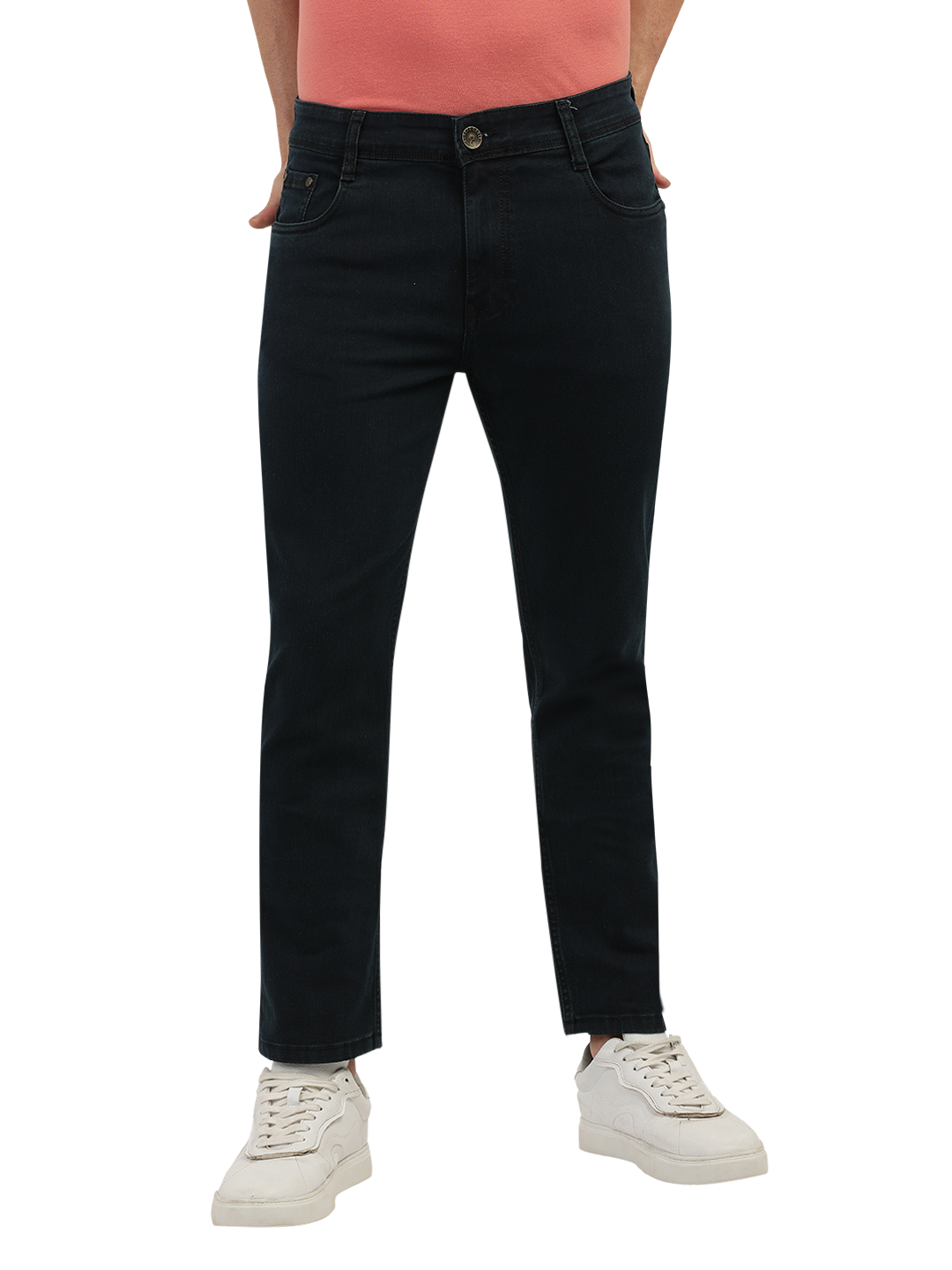 Model wearing Clarke Gable's Green Tinted Black Slim Fit Jeans in a casual setting