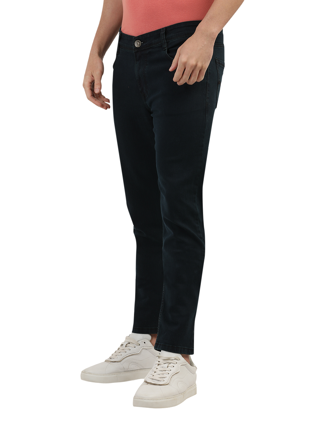 Model wearing Clarke Gable's Green Tinted Black Slim Fit Jeans in a casual setting